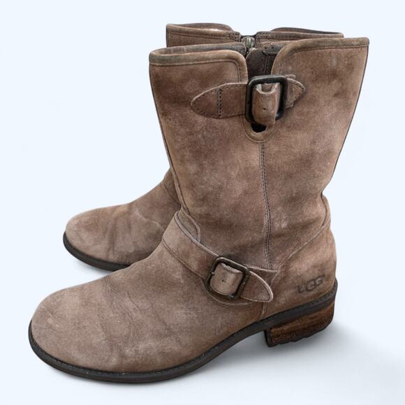 UGG Australia Chaney Brown Moto Engineer Boots Shearling Lined Suede Women's 8.5 - Picture 14 of 15